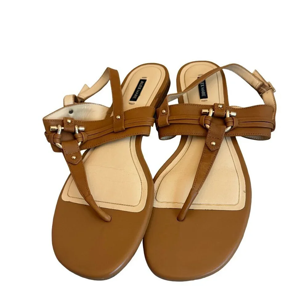 Alex Marie Tan Brown Flat Leather Sandals Buckle Comfort Classic Size 9 Women's